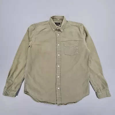 ZARA Mens Denim Shirt Khaki Green Medium Slim Fit Cotton Button Up • £12.99