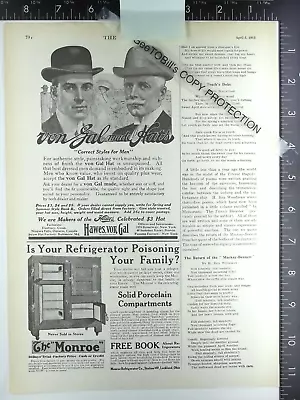 1913 ADVERTISING FOR Von Gal Hawes Hats & Monroe Refrigerator Co Oak Ice Box AD • $13.50