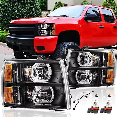 For 07-13 Chevy Silverado Headlights Assembly Black W/ Wiring Harnesses & Bulbs • $102.99