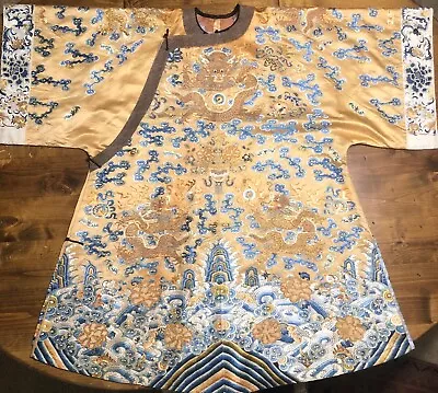 Antique QING Chinese Embroidered Silk DRAGON ROBE Yellow Gold Imperial Court • $5980