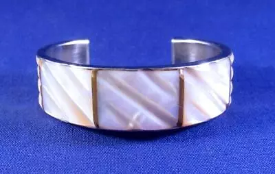 Vintage STERLING SILVER & Mother Of Pearl (MOP) Inlay Wide Cuff Bracelet • $1.99