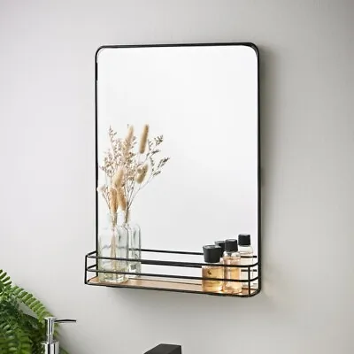 New Black Mirror With Wooden Shelf Perfect For Moisturisers Decorative Ornaments • £22.95