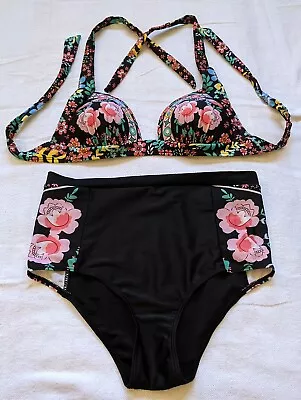 High Waisted Rise Pin Up 50's Pink Black Victorian Goth Feminine Kimono Bikini M • $28.67