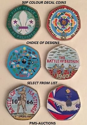 50P FIFTY PENCE COLOUR DECAL COIN STICKERS Scouts Guides WWF Britain Hastings GB • £1.30