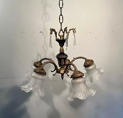 Antique Vintage Bronze Chandelier French Empire W/ Petticoat Glass Shades • $550