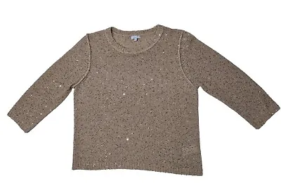 Jaeger Jumper L Womens Brown Wool Alpaca Polyester Blend Mesh Knit Sequin Ladies • £14
