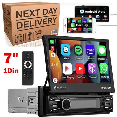 Single 1 Din 7  Car Stereo Radio Android/Apple Carplay Bluetooth Flip Out Player • £66.99