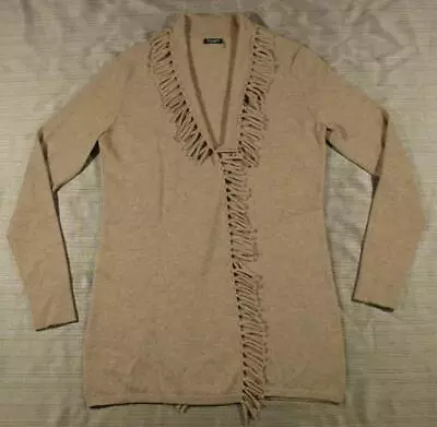 Magaschoni Fringe Open Front Long Cardigan Sweater Tan Small S • $28.50