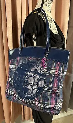 COACH TOTE Blue Multi Color Patent Leather Canvas Shoulder Bag Monogram EUC • $49