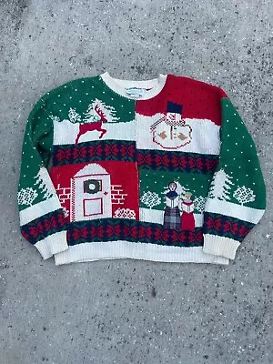 Vintage Christmas  Sweater  Cardigan Sweater  Santa Snowman  Lady M Hand Knit • $10