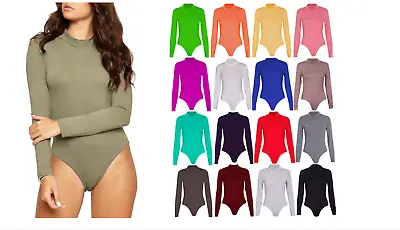 Womens Plain Long Sleeve Polo Turtle High Neck Bodysuit Leotard Unitard Top • £7.99