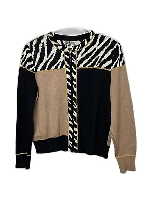 MITA Cardigan Color Block Full Zip Vintage Sweater Khaki Zebra Black 90s - 10 • $18.99