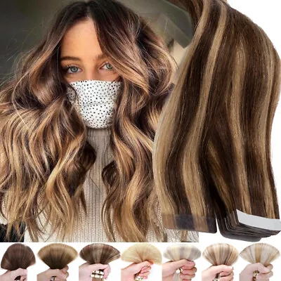 BALAYAGE 150G THICK Tape In Human Hair Extensions Real Remy Skin Weft FULL HEAD • $46.09