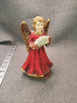 Vintage Paper Mache Angel Red Dress Playing Concertina Christmas Music Box • $22.90