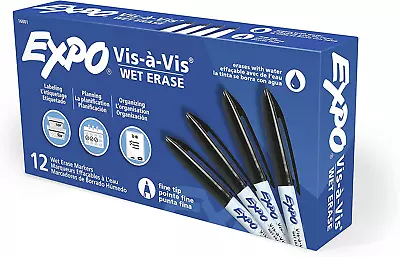  12 Count EXPO Vis-a-Vis Wet Erase Markers Fine Point Black • $22.55