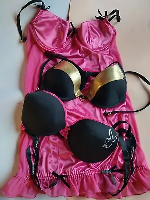 Playboy Diamante Bra Gold Swim Bra & Vintage Hot Pink Mesh Slip Dress 10c 8 M • $40