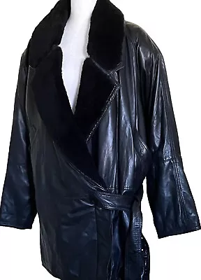 VERSACE Lambskin Leather Coat Jacket Fur Trim Belted RARE Vintage 80s • $295