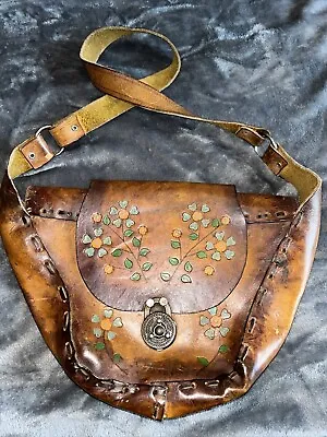 Vintage 70's Unique Boho Handmade Hand Tooled Hand Painted Tan Brown Saddle Bag • £35