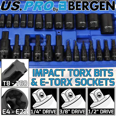 US PRO IMPACT Torx & Female E-TORX Socket Set Star Bits External TRX 25 PCS SET • £19.95