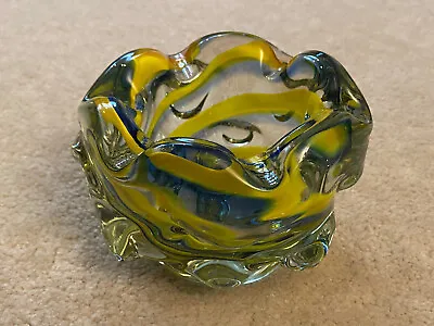 VINTAGE YELLOW BLUE GLASS MURANO STYLE ASHTRAY PRETTY SWIRLS HEAVY 5 1/2 X3 3/4  • $17.99