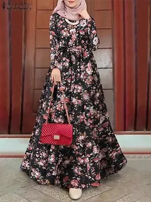 Womens Muslim Kaftan Abaya Islamic Floral Print Party Robe Long Maxi Shirt Dress • £29.99