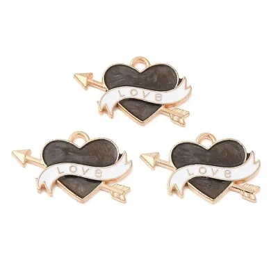 10 Lovely Black Heart Shaped Gold Tone Pendant Charms With LOVE Detail • £4.75