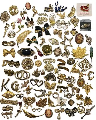 HUGE Vintage To Now Gold Tone Brooch Lot - 95 Brooches Signed & Unsigned • $102.50
