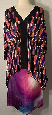 Vintage Allen B Multicolored Geometric Print Satin Kimono Top Blouse Size XL • $4.99