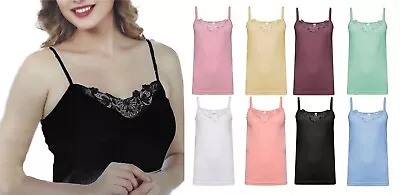 Ladies Plain Stretch Cotton Vest Top Lace Trim Cami Tank Strappy Camisole Lot • £4.51