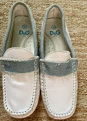 D&G Junior Boys White Leather And Light Blue Jeans Shoes Moccasins Size 6.  EU36 • $99