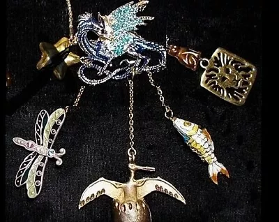 Vintage Rhinestone Flying Dragon Chatelaine Necklace W/ 5 Animals Tagging Along. • $99.90