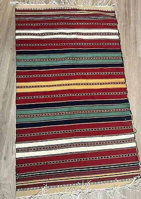 Vintage Turkish Kilim Wool Rug Multi Color Carpet  Tassels 1960’s 40”x 23” • $44.87
