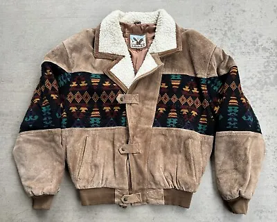 Vintage Adler Jacket Men’s 2XL Brown Suede Leather Bomber Aztec Sherpa Western • $54.99