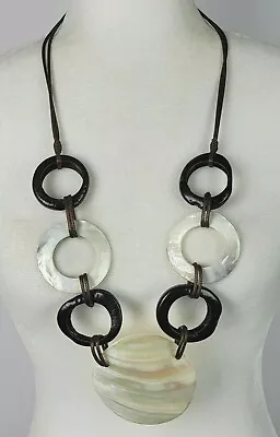 Vintage Mother Of Pearl & Wood Circles Statement Slide-Cord Necklace 30 In • $28