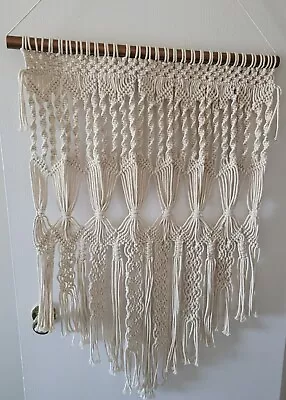 Handwoven Cream Macrame Wall Hanging 35'Lx22'W Secured To Polished Brass Dowel  • $5.80