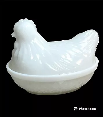 Vintage White Milk Glass Hen On A Nest Dish Chicken In Basket 4.5” Candy Dish • $10