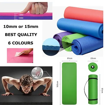 Gym Mat Yoga Mat 10mm 15mm Thick Fitness Pilates Workout Gymnastics + Free Strap • £9.48