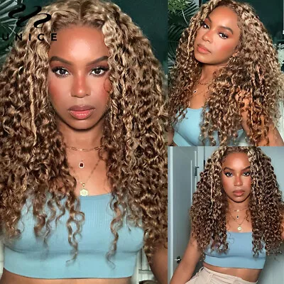 Mongolian Ombre Highlights Blonde Curly Lace Closure Human Hair Wigs Pre Plucked • $132.51