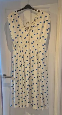 Size 16 White Polka Dot Blue Next Dress Skater Races Wedding Vintage 50s Midi • £10