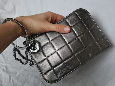 Chanel LIMITED EDITION Handcuff Vintage Silver Leather Lambskin Clutch Bag • £795