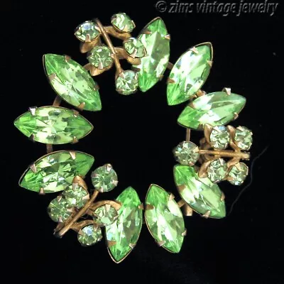 Vintage MODERNIST Green Uranium Glass Rhinestone Circle Flower Gold Pin BROOCH • $16.50