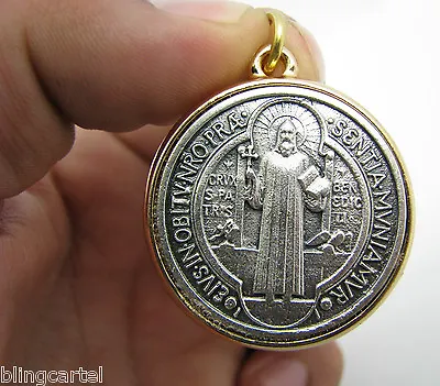 San Benito Medalla 35mm Saint Benedict Cross Silver/Gold Two Tone Medium Medal • $12.99