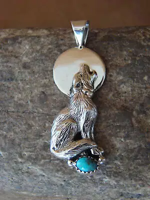 Navajo Indian Sterling Silver Hand Stamped Turquoise Wolf Pendant By Yellowhair • £57.84