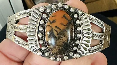 Vintage Navajo Petrified Wood Stamped Sterling Silver Cuff Bracelet Fred Harvey • $180