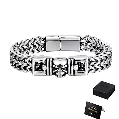 Mens Gothic Skull Square Wheat Chain Bracelet Stainless Steel Wristband Gift Box • $19.94