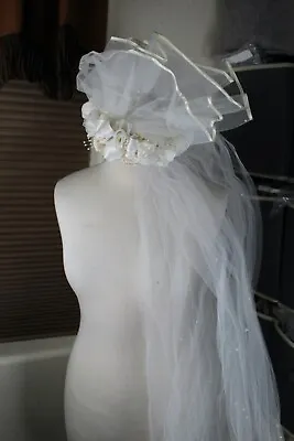Vintage Womens Wedding Veil Forehead Pearls 104 In Train Ribbon Comb 1950s • $31.50
