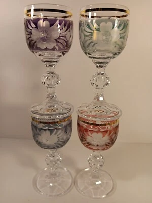$28 • Buy 4) Vtg. Bohemian/ Czech  Crystal Cut & Gold Gilded Sherry Art Glasses.