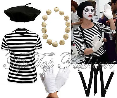 Mens French Man Mime Artist FancyDress TShirt Beret Braces Gloves Costume Outfit • $6.22