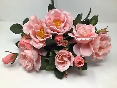 Vintage Bouquet Of Pink Roses Artificial Silk Flowers 14 Blooms Or Buds • $14.95