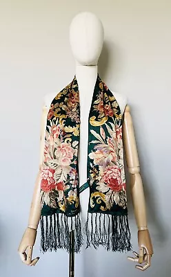 Lauren Ralph Lauren Silk Scarf Green Floral Fringe Tassel Rectangle Scarf VTG • $19.99